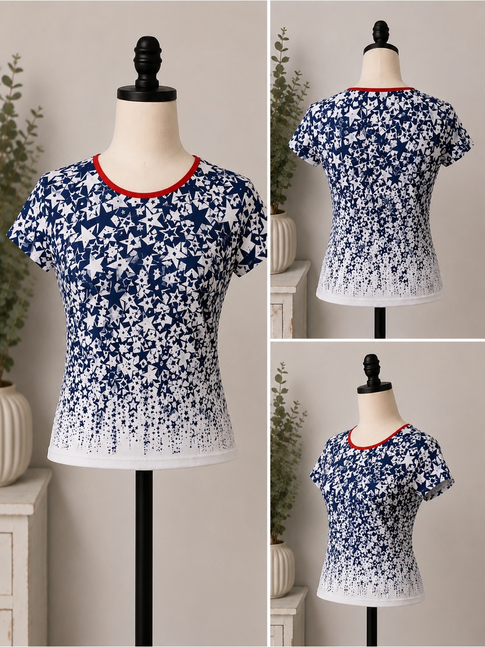 Lands’ End Women’s Short Sleeve Rash Guard Swim Shirt Navy White Stars Medium